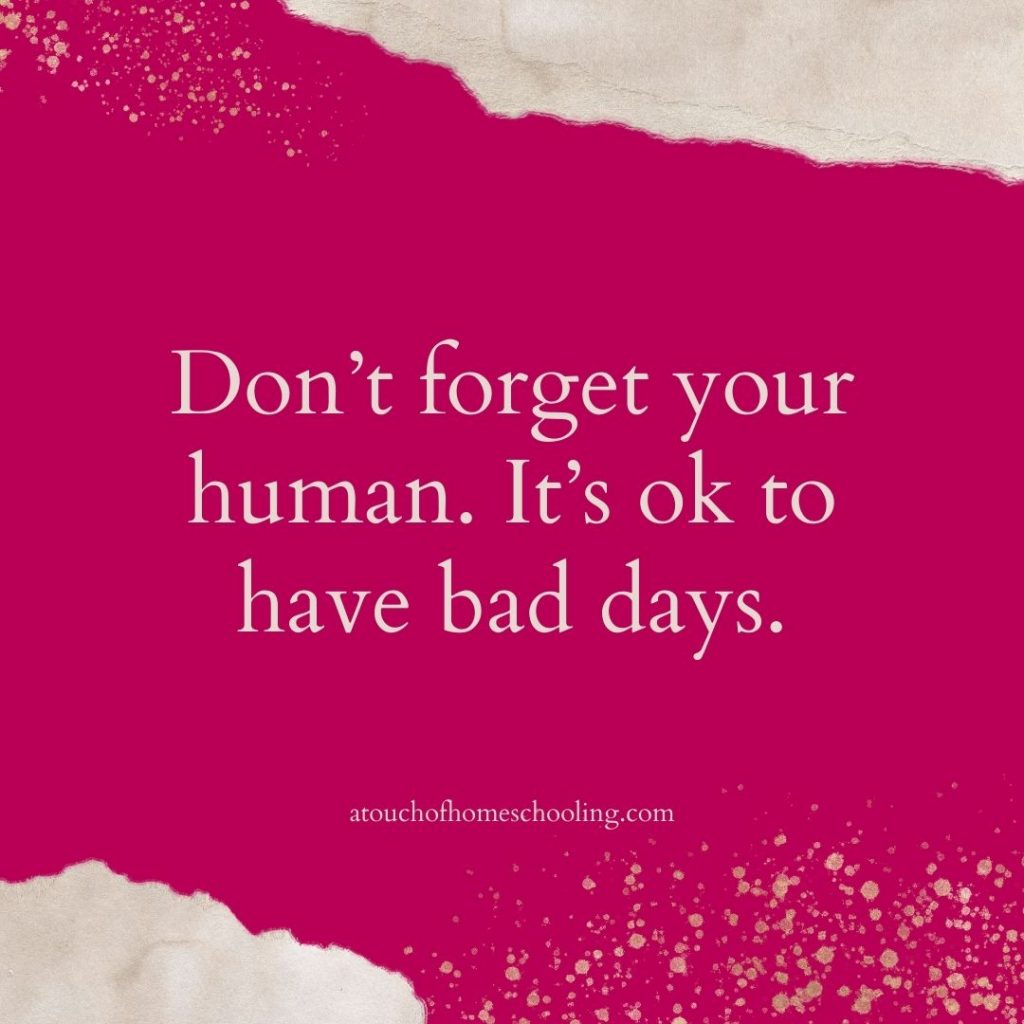 Decorative quote that reads: Don't forget your human. It's ok to have bad days. - Mom quotes for tough days