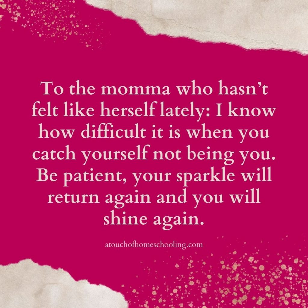Decorative quote that reads: To the momma who hasn't felt like herself lately: I know how difficult it is when you catch yourself not being you. Be patient, your sparkle will return again and you will shine again. - Mom quotes for tough days