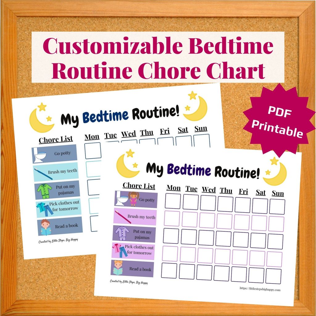 2 Customizable bedtime routine charts. One in purple and one in blue.