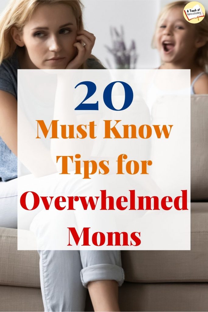 Overwhelmed mom sitting on the couch while her child runs around behind her. Text overly: 20 Must Know Tips for Overwhelmed Moms