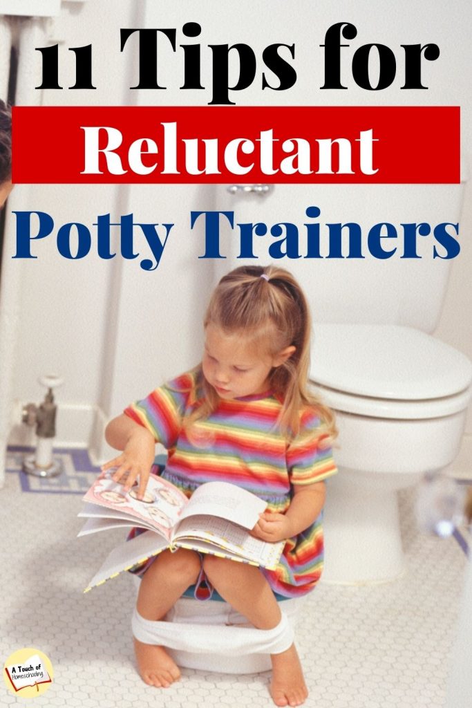 Little girl sitting on the potty reading her book. Text says: 11 Tips for Reluctant Potty Trainers