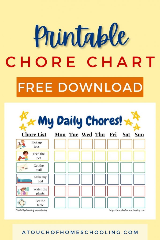 Picture of a printable chore chart for toddlers. Text says: Printable Chore Chart free download.