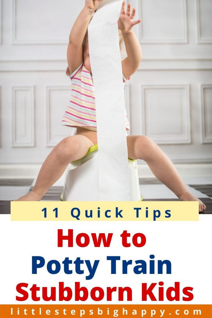 Little boy sitting on the potty playing with toilet paper. Text says: 11 Quick Tips - How to Potty Train Stubborn Kids