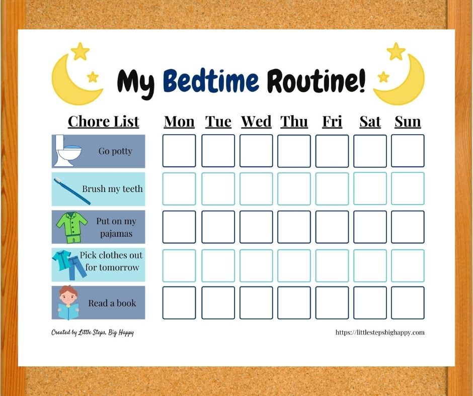 Bedtime routine chart for kids with chores listed and pictures of each chore.
