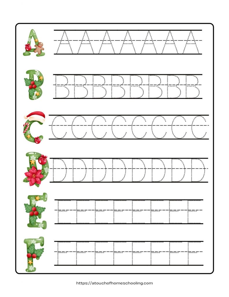 Christmas stylized letters next to lines of dotted letters to practice tracing. Free Christmas Alphabet Printable - Uppercase Letters