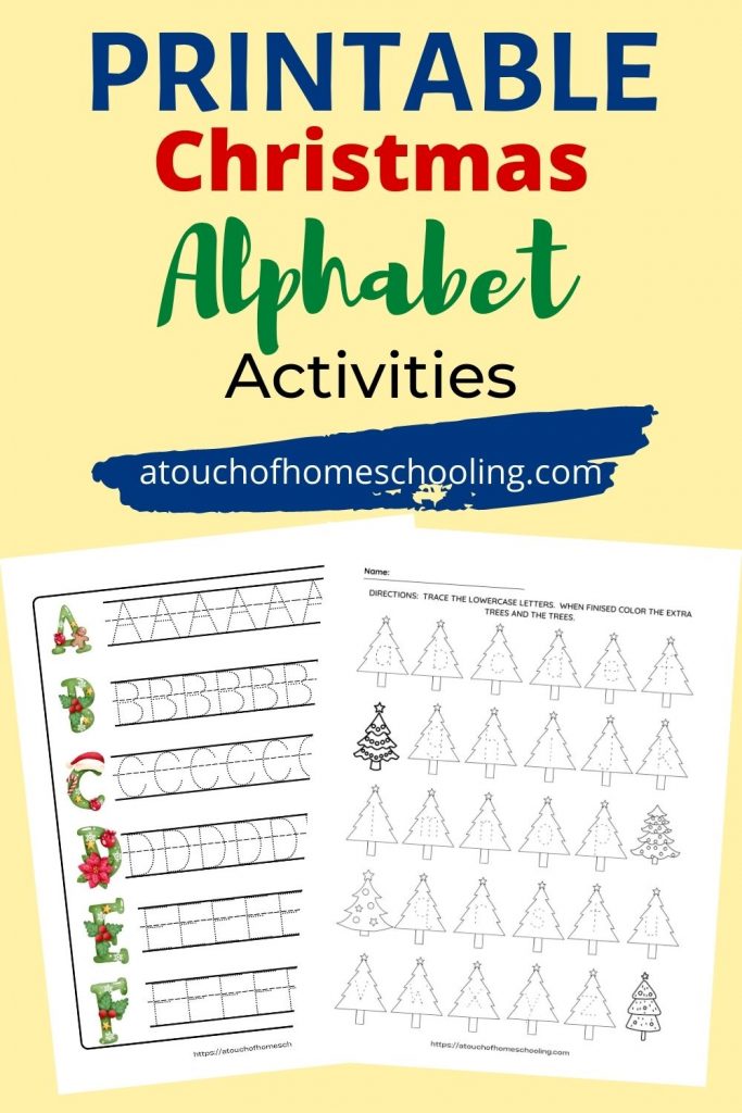 Two pages with free christmas alphabet printable worksheets. Text says: Printable Christmas Alphabet Activities