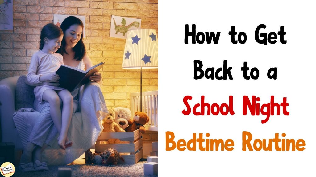mom and daughter reading together at bedtime. Text says: How to Get Back to a School Night Bedtime Routine