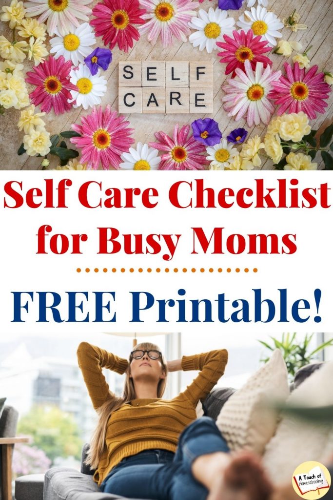 Flowers with the words self care in the middle. Woman relaxing on a couch. Text says: Self Care Checklist for Busy Moms. Free printable! self-care for moms pdf