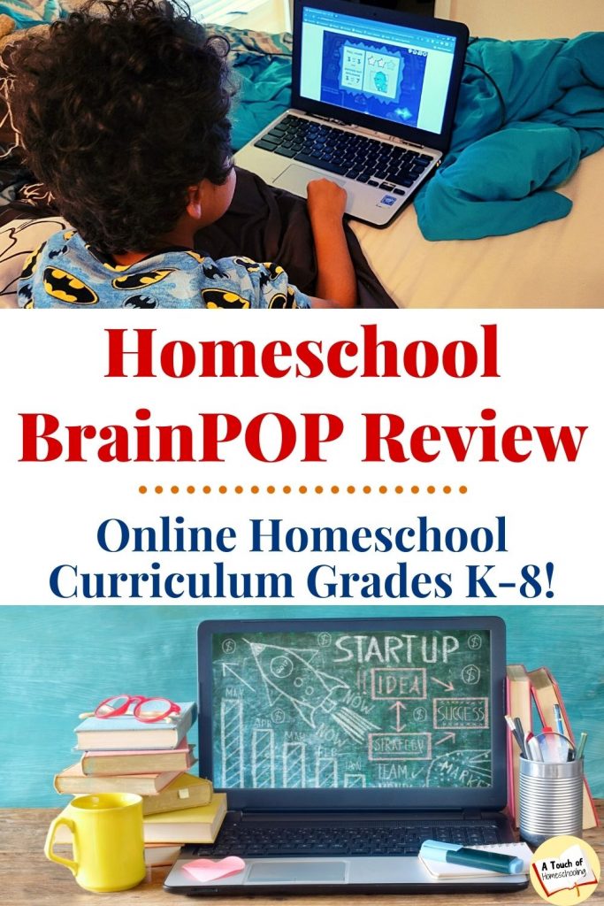 Boy doing schoolwork on the laptop. Laptop and school supplies. Text says: Homeschool BrainPOP Review - Online Homeschool Curriculum Grades K-8!