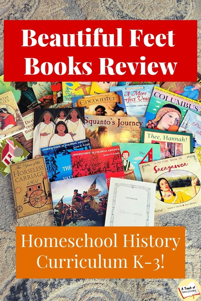 Display of 23 picture books about early american history. Text says: Beautiful Feet Books Review: Homeschool History Curriculum K-3!