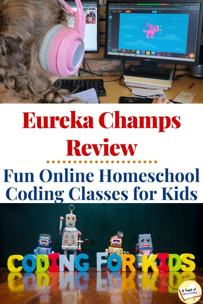 Picture 1: girl sitting at a computer taking Eureka Champs coding class. Picture 2: Robots and the words Coding for Kids. Text says: Eureka Champs Review: Fun Online Homeschool Coding Classes for Kids