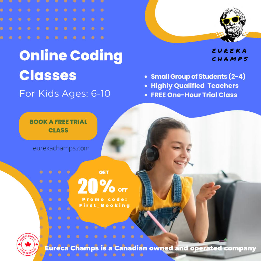 Girl taking a Eureka Champs coding class. Text shares information about their classes and how to book your free trial class.