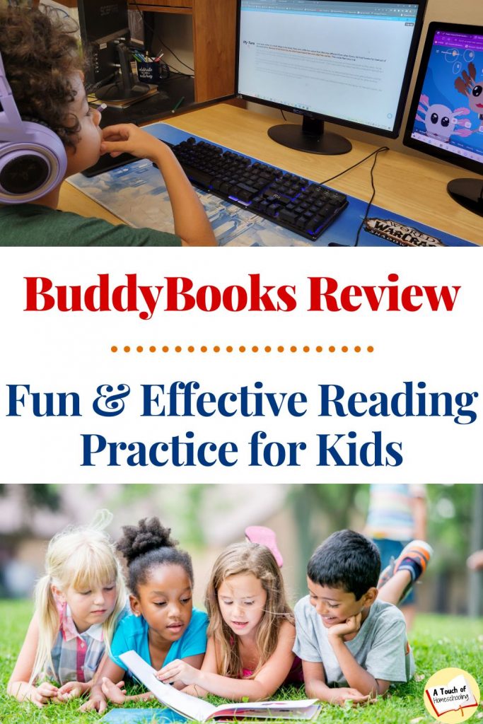 Picture of a boy using BuddyBooks and another picture of some kids reading. Text says: BuddyBooks Review: Fun & Effective Reading Practice for Kids