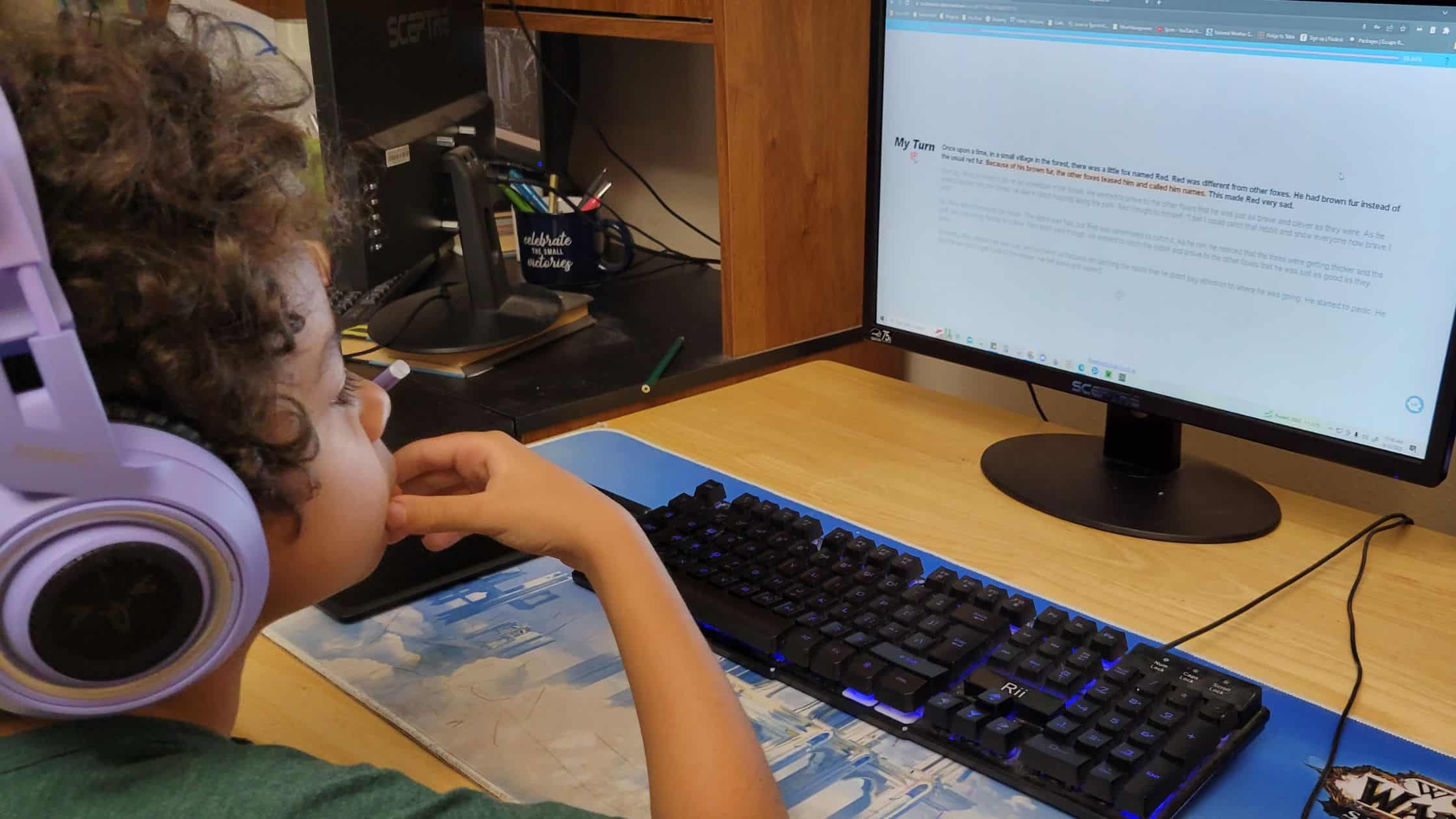 Boy using BuddyBooks on a computer. An online program for reading practice for kids