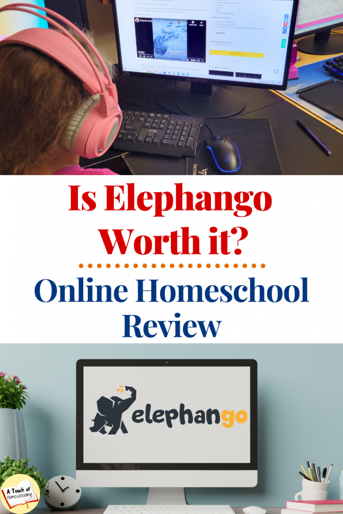 Girl using Elephango. Picture of a computer on a desk with the Elephango logo. Text says: Is Elephango Worth It? Online Homeschool Review