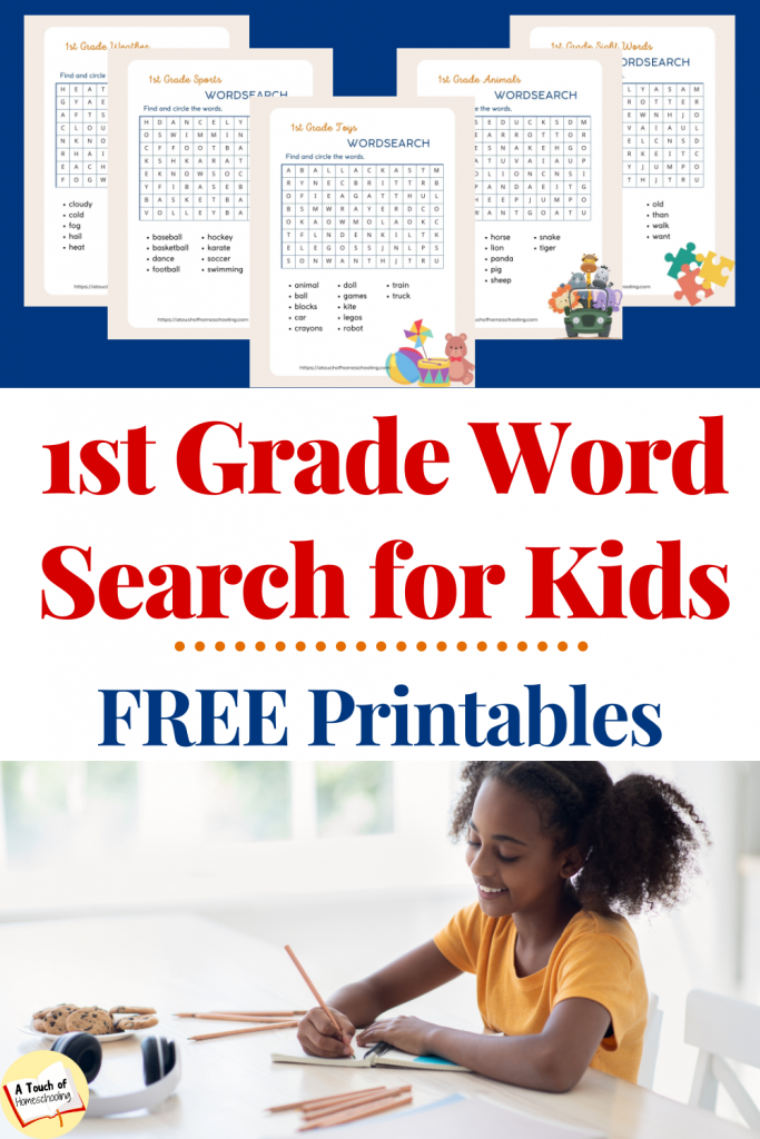 Picture of word search puzzles. Girl writing at the table. Text says: 1st Grade Word Search for Kids - Free printable