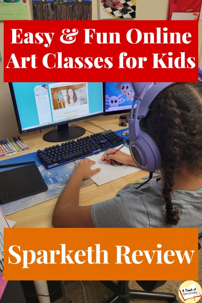 Girl watching Sparketh and drawing. Text says: Easy & Fun Online Art classes for Kids. Sparketh Review